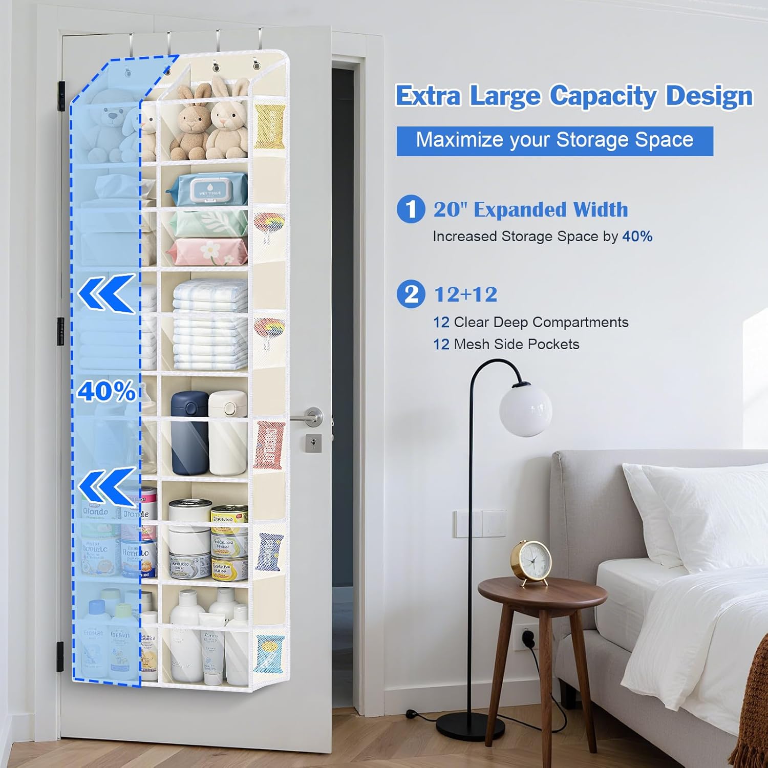 Univivi Over the Door Organizer, 6 Tiers Behind Door Storage with Clear Deep Pockets Hanging Organizer for Closet, Bedroom, Nursery, Bathroom and Sundries (Beige)