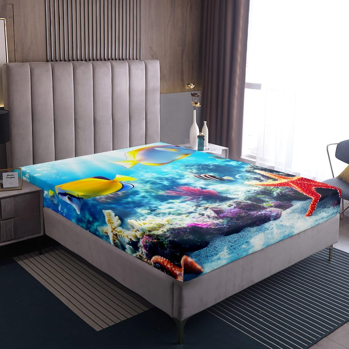 Erosebridal Starfish Bedding Set Twin Size Fish Coral Fitted Sheet for Kids Boys Girls Under Sea Themed Sheet Set Reef Quilt Set,Home Decoration 2 Pcs Bedding Set (1 Fitted Sheet 1 Pillow Case)