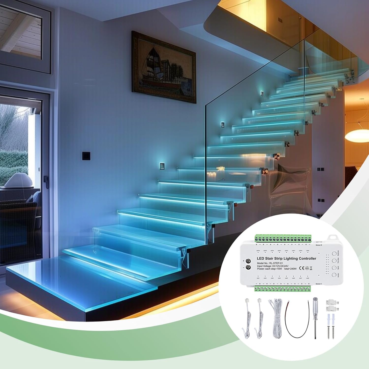 Stair Light Controller (16 Channel), LED Motion Sensor with Components, Automatic Stairway LED Controller with Adjustable Brightness and Speed, Safe DC12V-24V Input