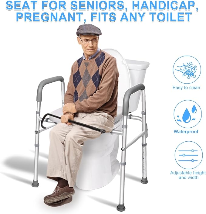 Asiento de inodoro elevado ajustable con apoyabrazos miniatura 2
