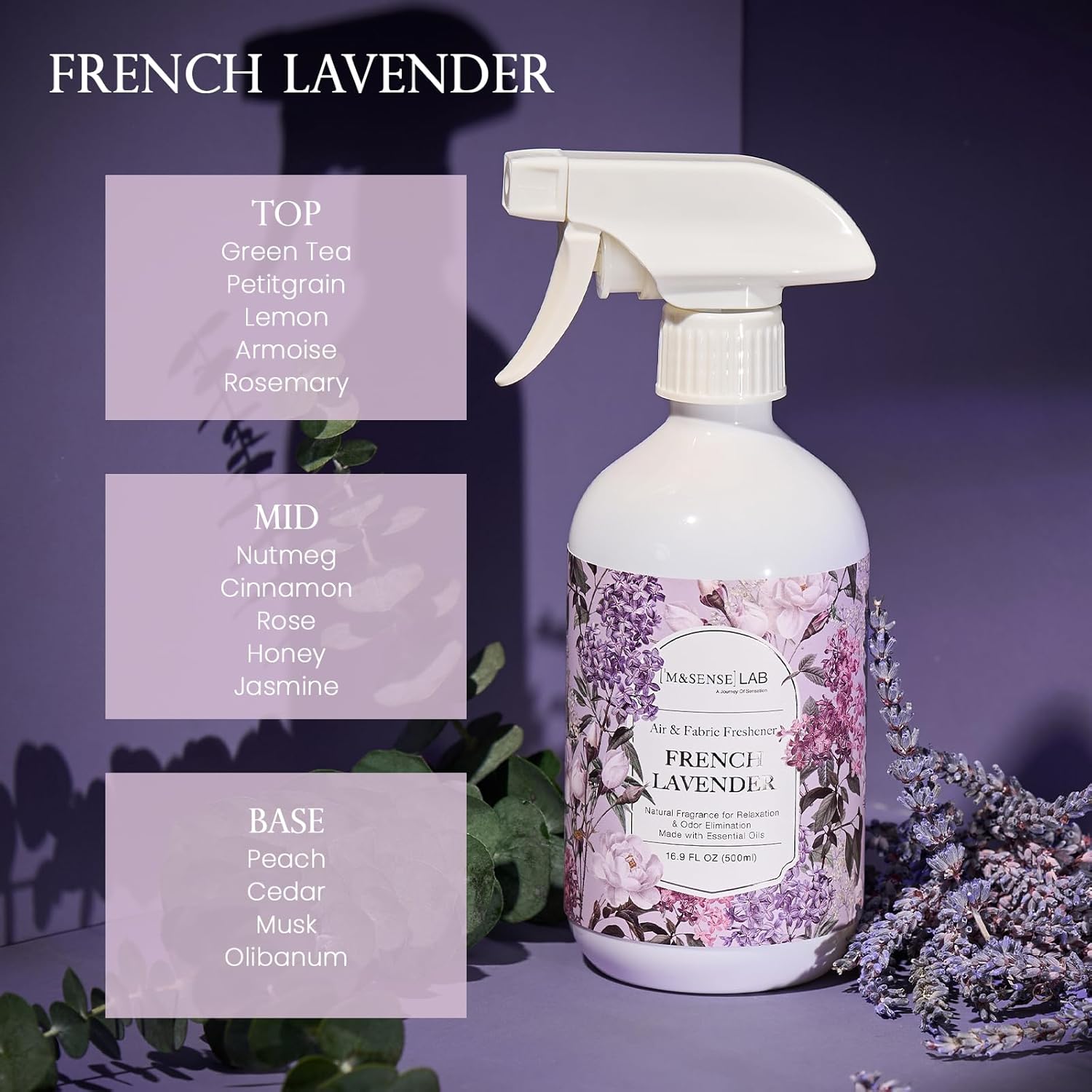 M&SENSE French Lavender Scent Value Bundle - Reed Diffuser Oil Refill 1000ml with 10 Hollow Reed Sticks & Odor Eliminator Spray Natural Essential Oil Home Spa Office Bedtime Relaxing Deodorizer
