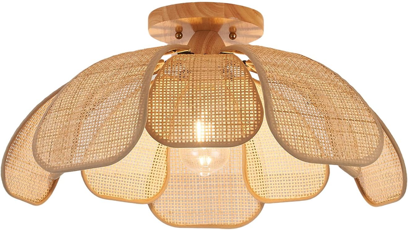 Boho 20 Inch Rattan Flush Mount Ceiling Light Flower Light Fixtures Handwoven Lampshade Ceiling Lamp Fixture for Bedroom Kitchen Island Dining Room Living Room