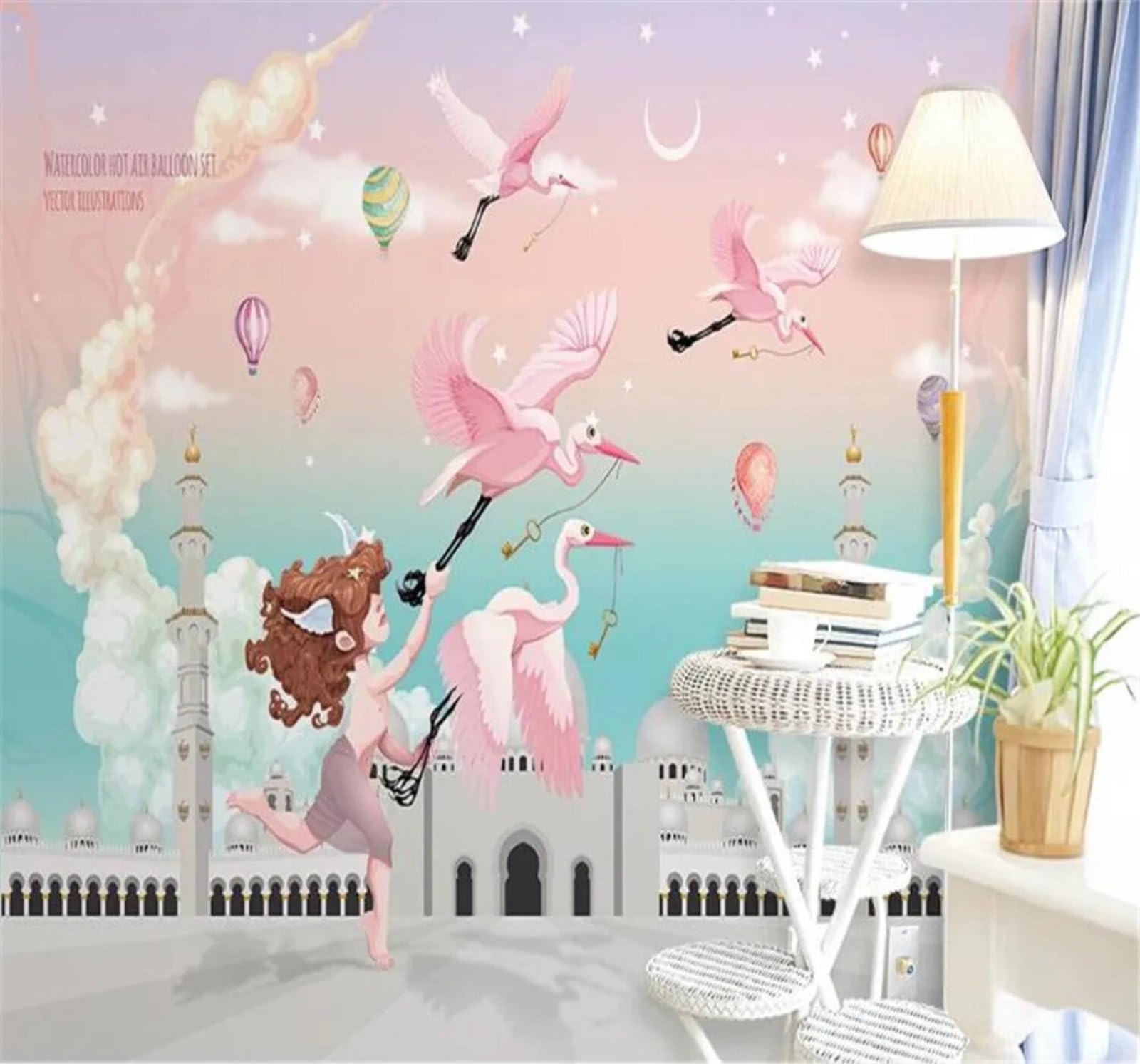 Tzxztt Abstract Hand Drawn Flamingos Angels Castles Modern 3D Wallpaper Premium Textured Silk Neutral Tones Material Ideal for Living Room Bedroom-150cm×105cm