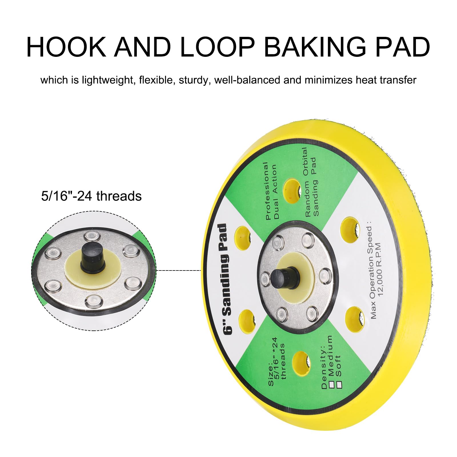 Sourcingmap 6 Inch Hook and Loop Backing Sanding Pads with 5/16"-24 Thread for Diamond Sanding Finishing Polishing Buffing Pads, Yellow and Black 2pcs - Image 4