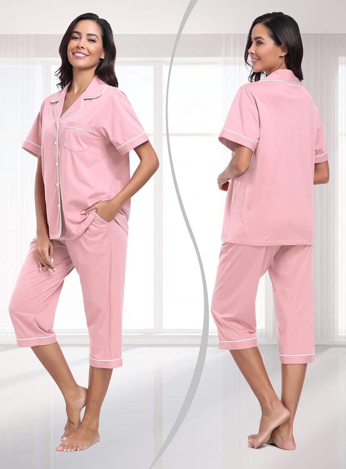 COLORFULLEAF 100% Cotton Women's Pajama Sets Short Sleeve Capri Pajamas for Women Set Button Down Pjs Soft Sleepwear Summer - Image 2