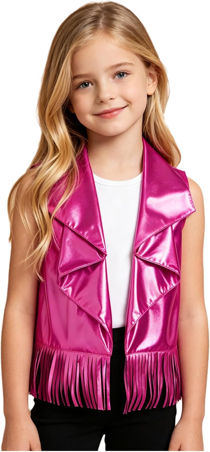Sywiyi Girls Vest Sleeveless Tassel Metallic Jacket Open Front Cowgirl Cardigan Hip Hop Streetwear Outfit 6-16