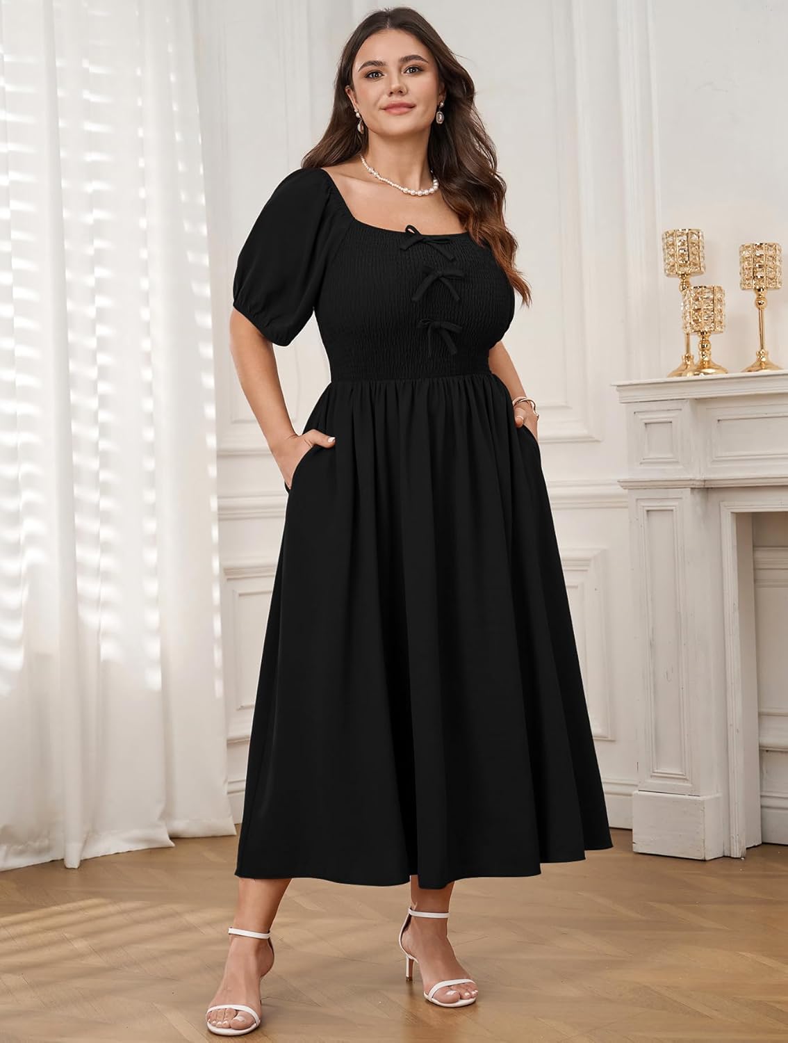 SCOMCHIC Women's Plus Size Cocktail Dress Milkmaid Bow Front Short Sleeve Square Neck Smocked Wedding Guest Maxi Dress - Image 3