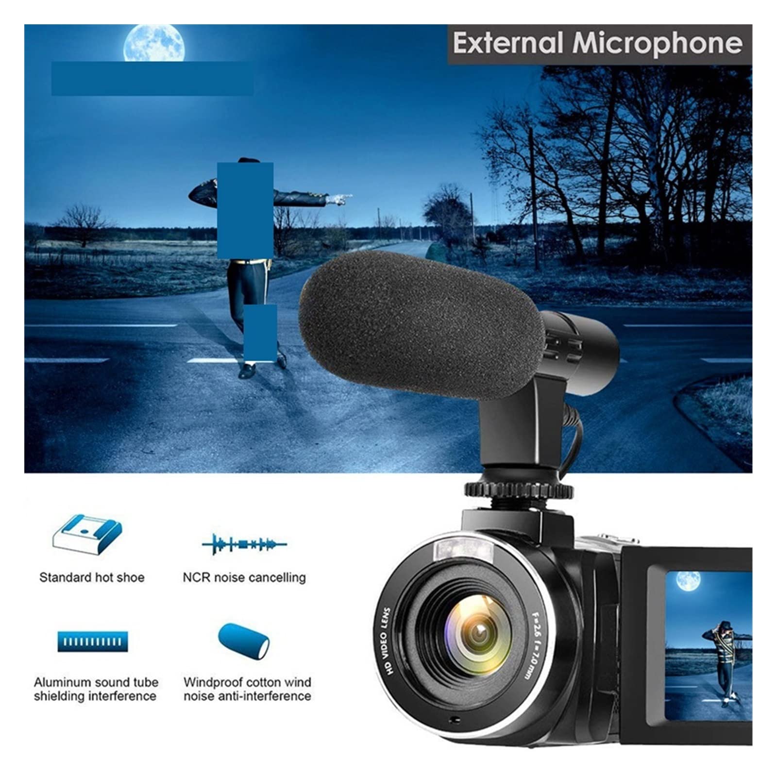 Videocamera, Videocamera da 48 MP Visione notturna digitale 4K Paraluce Fotocamera Vlog Ruota Touch Screen Fotografia(128G SD Card,Kit)