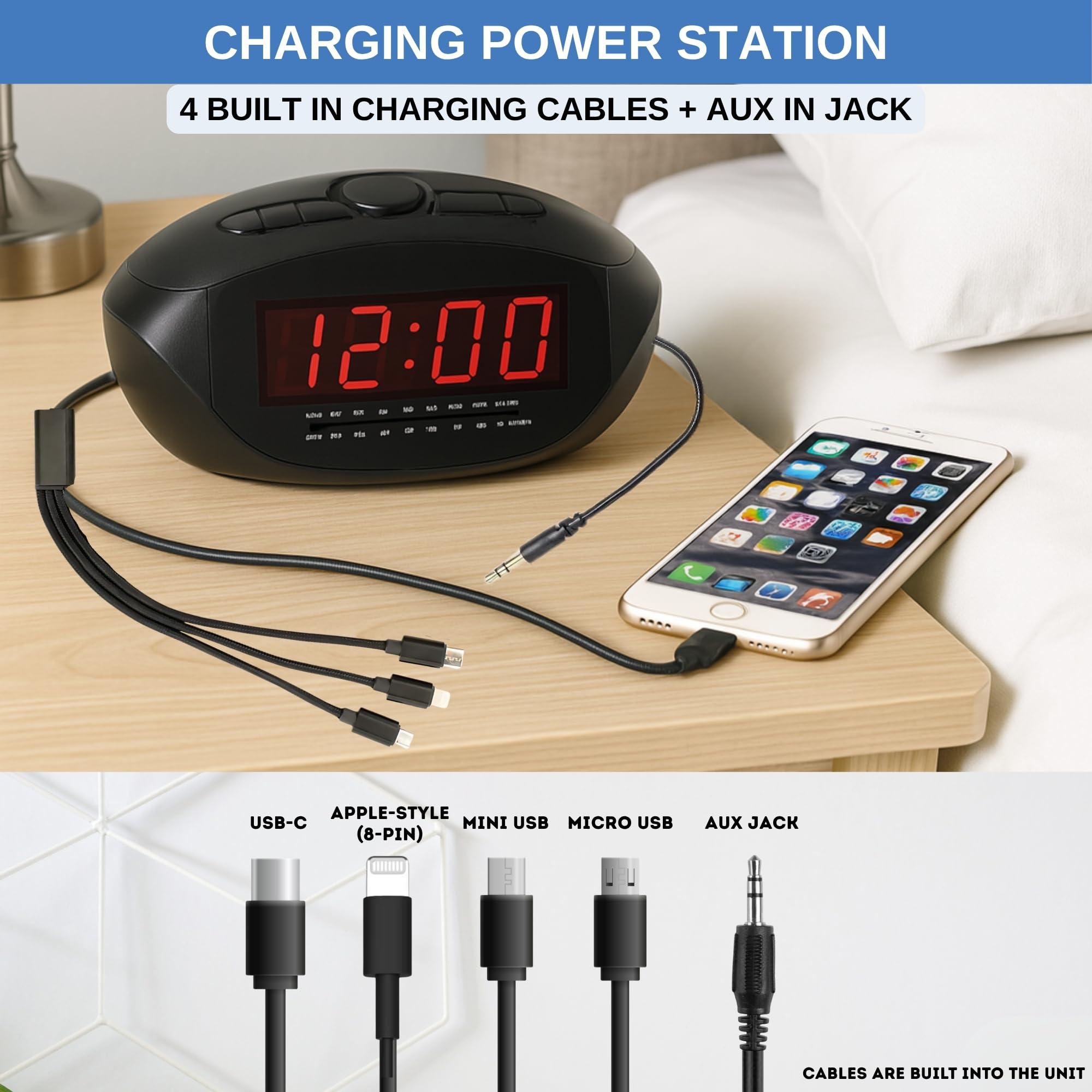 Cyfrowy budzik z USB-C, micro USB, mini USB i 8-pinowymi kablami do ładowania w stylu Apple | radio z budzikiem AM/FM z czerwonym wyświetlaczem LED, wejście AUX, głośny alarm dla osób śpiących | zegar