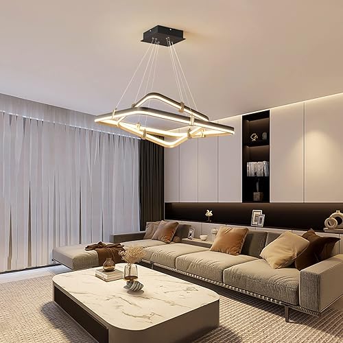 Miniatura 7 de Siittoo Lámpara de Araña Negra Moderna Luminaria para Comedor, Lámpara Colgante LED Regulable Moderna de 96W, Lámpara de Araña Rectangular de 2