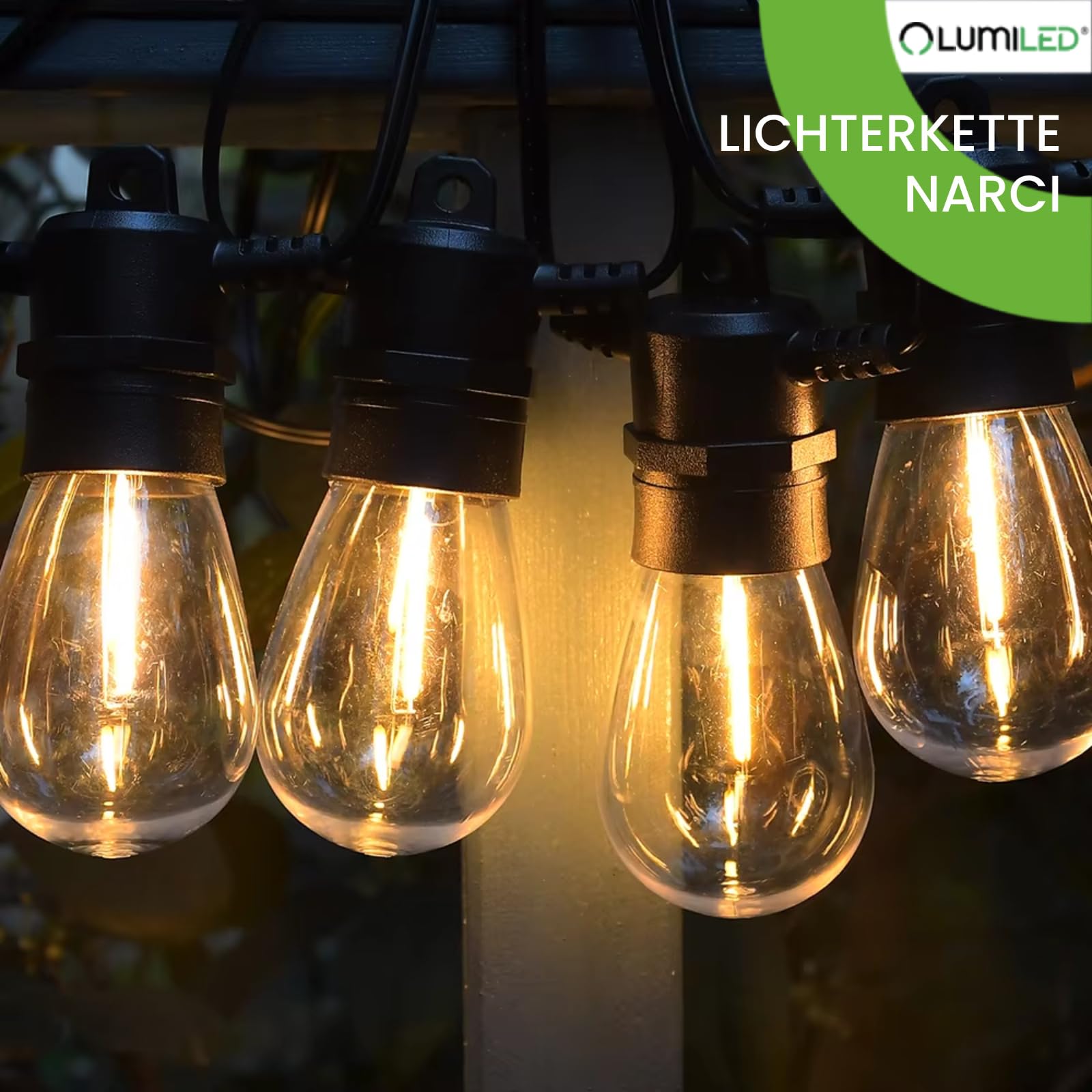 Lumiled Lichterkette Außen 15 Meter mit 30 E27 LED 1W Glühbirne Warmweiß 2700K 230V Birnen für Garten Biergarten Party Hochzeit Dekoration Terrasse verlängerbar mit Strom