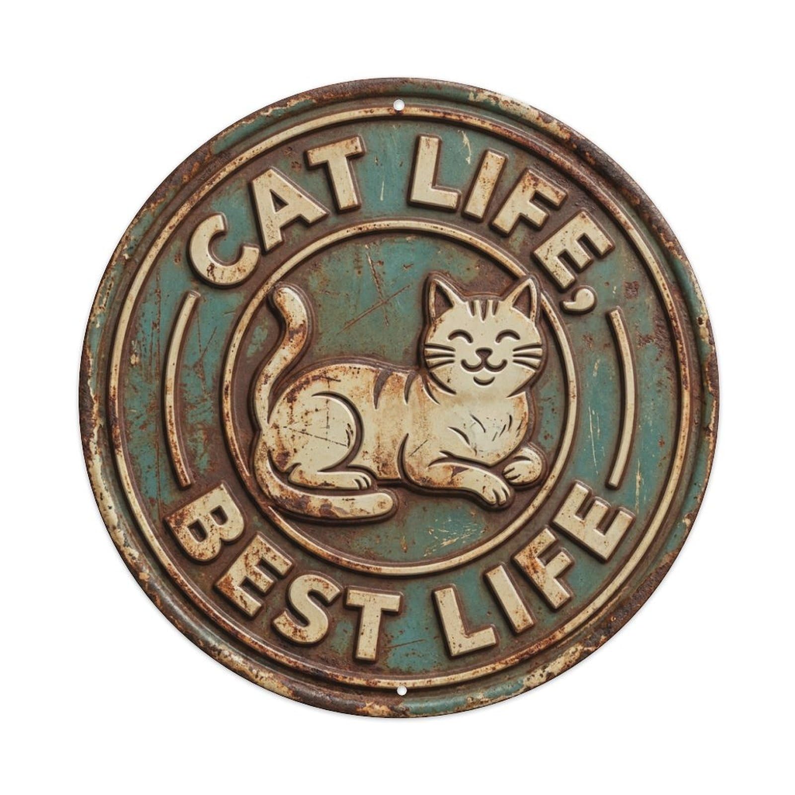 Vintage Cat Life Best Life Meow Metal Tin Sign Plaque Wall Decor for Cafe, Club, Garden Round Metal Poster 8x8Inch