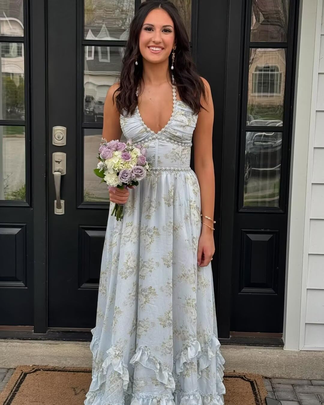 Floral Print Prom Dresses for Women Pearl Halter Ball Gowns with Slit Backless Chiffon Formal Evening Party Dress