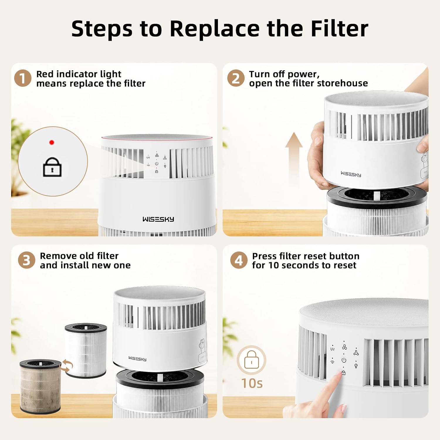WISESKY Cat Air Purifier with Bite-Resistant Cord & Wide Grille and Tip-Over Protection | Air Purifier for Home with 360° Air Intake for Pet Hair | APP Control | Covers Up to 1644 Sq.Ft