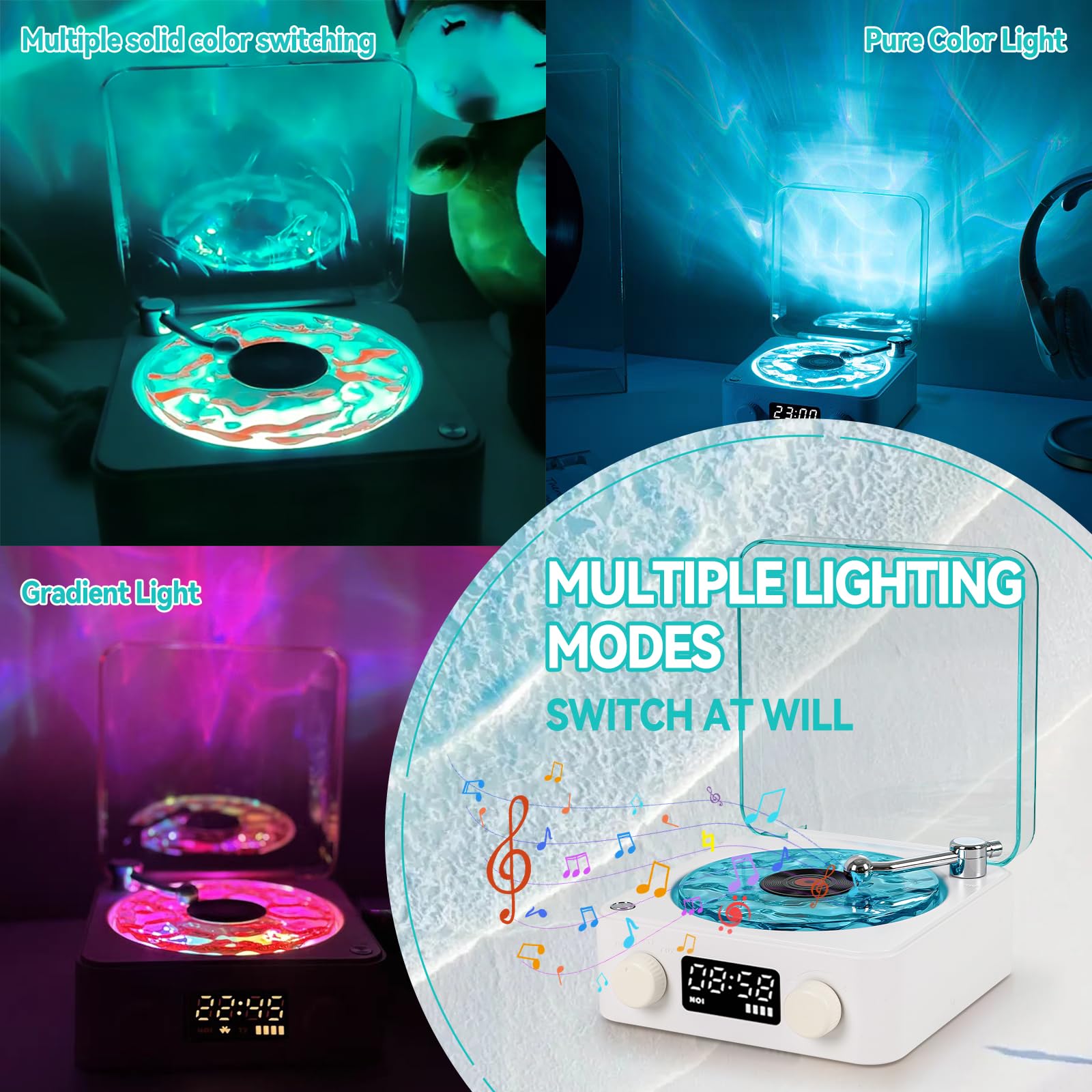 Waves - Altoparlante in vinile Bluetooth, con luce RGB e effetto onde d'acqua, 3 modalità stereo, con 4 suoni della natura, compatibile con scheda TF e modalità AUX (bianco)