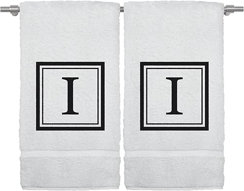Miniatura 40 de Monogrammed Hand Towel, 16 x 30 Inches Set of 2, Personalized Gift- White Letter Embroidered with Square Design on Black Towel - Extra Absorbent