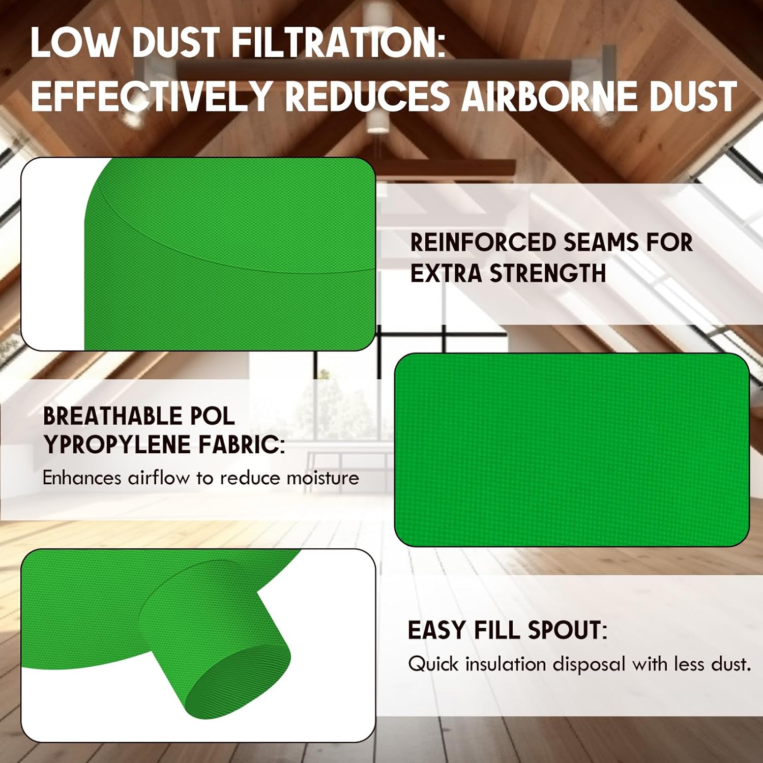 Pangda 5 Pack Insulation Removal Vacuum Bag Bulk 6 x 4 ft Heavy Duty Attic Low Dust Bag Holds 75 Cubic ft 400 Lbs Compatible with Insulation Hoses Easy-fill Spout & Lowest Dust Filter (Green)