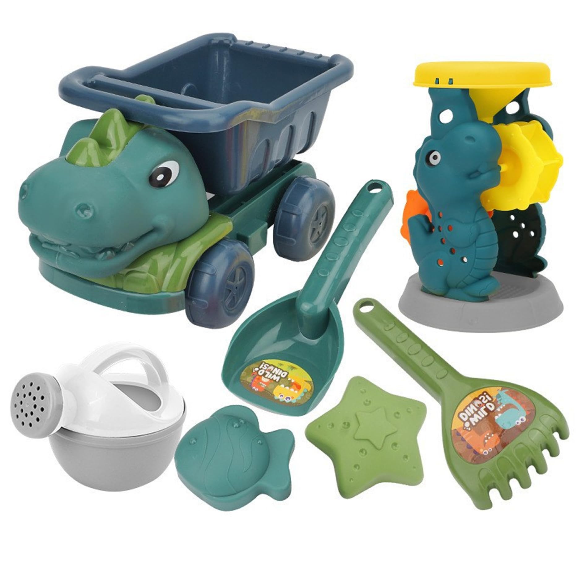 Dinosaurier-Sandspielzeug, Dinosaurier-Strandspielzeug-Set, 7-teiliges Sandspielzeug mit LKW, Sanduhr, Schaufeln und Formen, ideal zum Spielen im Freien für Kinder