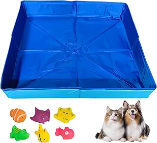 Hundepool Katzenpool Mit 6 Fischen Spielzeug, 50x50x10cm Hundebadewanne Faltbare Mini Hunde Pool Aus PVC, Planschbecken Hund, Schwimmbecken Für Kleine Hunde Katzen Haustiere (Blau)