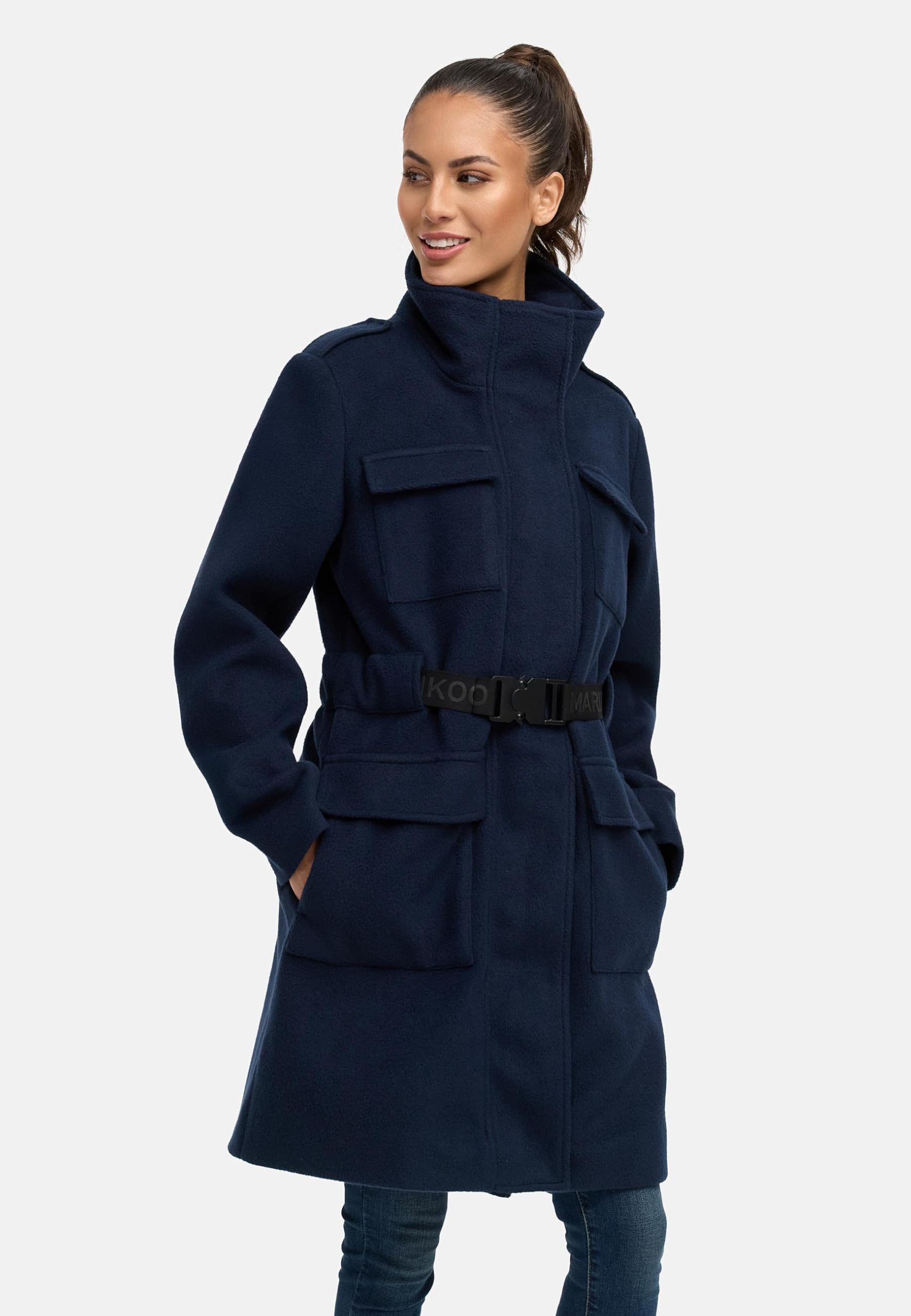 MARIKOO Damen lange Übergangsjacke Kurzmantel in Woll-Optik mit Taillengürtel Tanokoo 16 XS-XXL