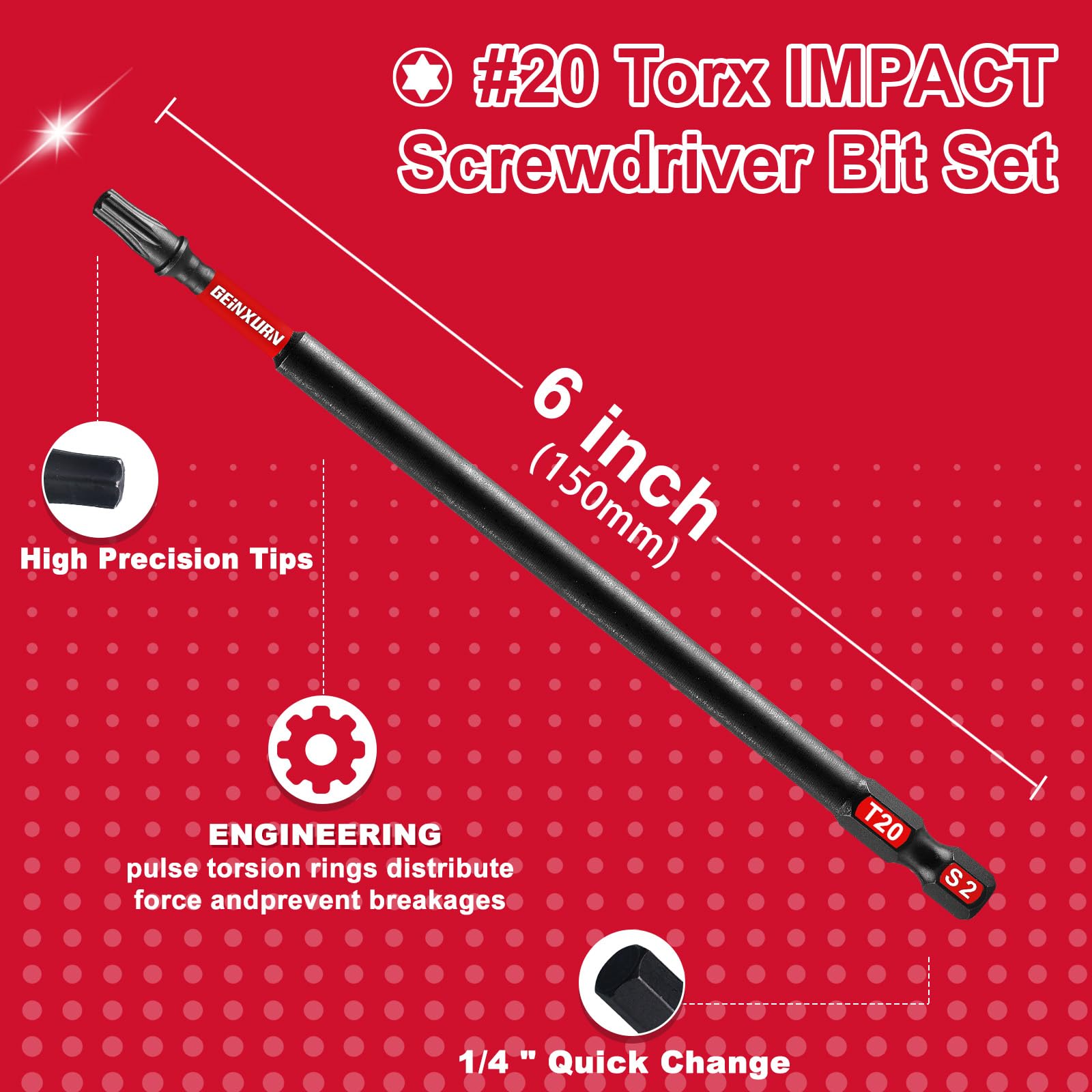 GEINXURN Impact Tough #20 Torx 6 pulgadas. Puntas de destornillador de inserción, paquete de 10 brocas magnéticas T20, juego de puntas de destornillador T20 de aleación de acero S2 a granel