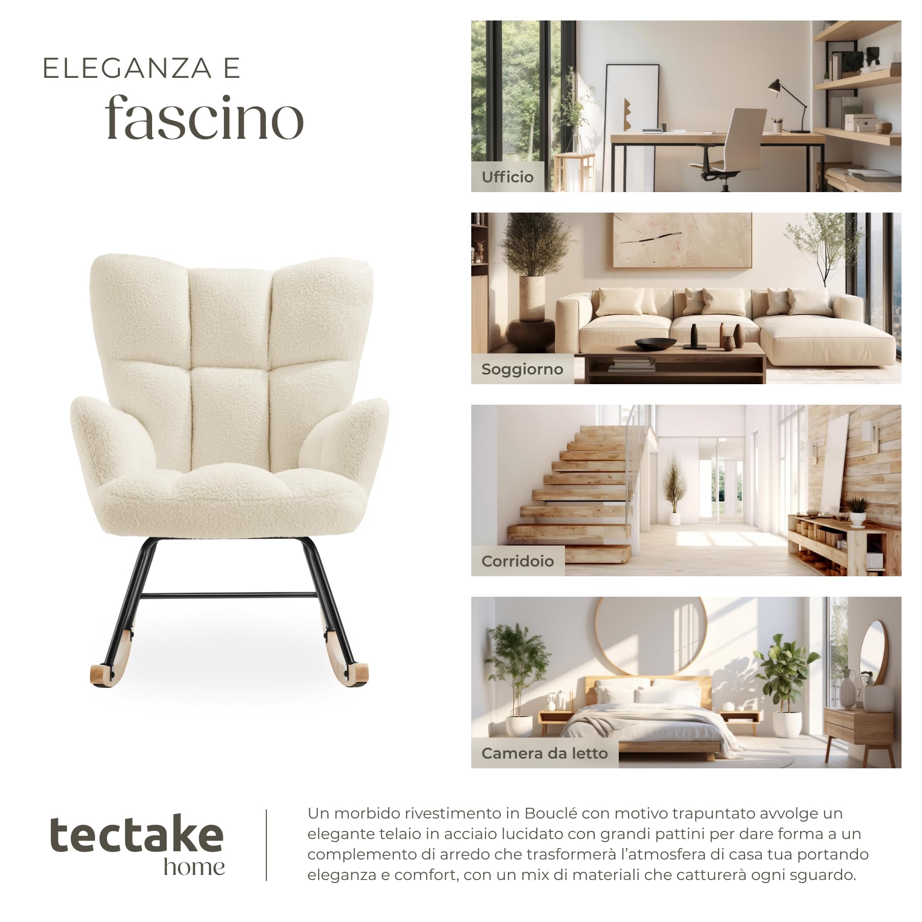 tectake® Sedia A Dondolo, Imbottitura in Gommapiuma, Motivo Trapuntato, Schienale Alto, Braccioli Larghi, Telaio in Acciaio, Pattini In Legno Massiccio, Design Moderno - Beige