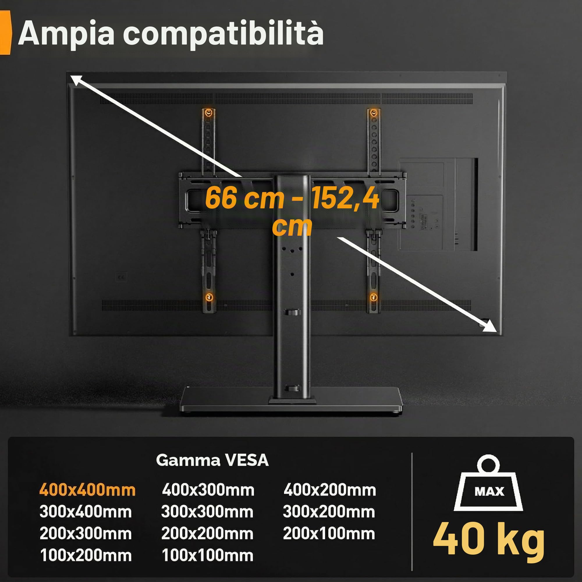 Supporto Girevole da Tavolo per TV 26-60 Pollici Regolabile in Altezza Base Vetro Temperato VESA 400x400mm 40 kg