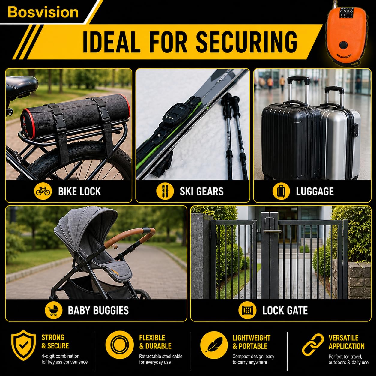 Bosvision - Antivol Vélo, Cadenas Vélo, Antivol Câble, Antivol Poussette avec Câble rétractable