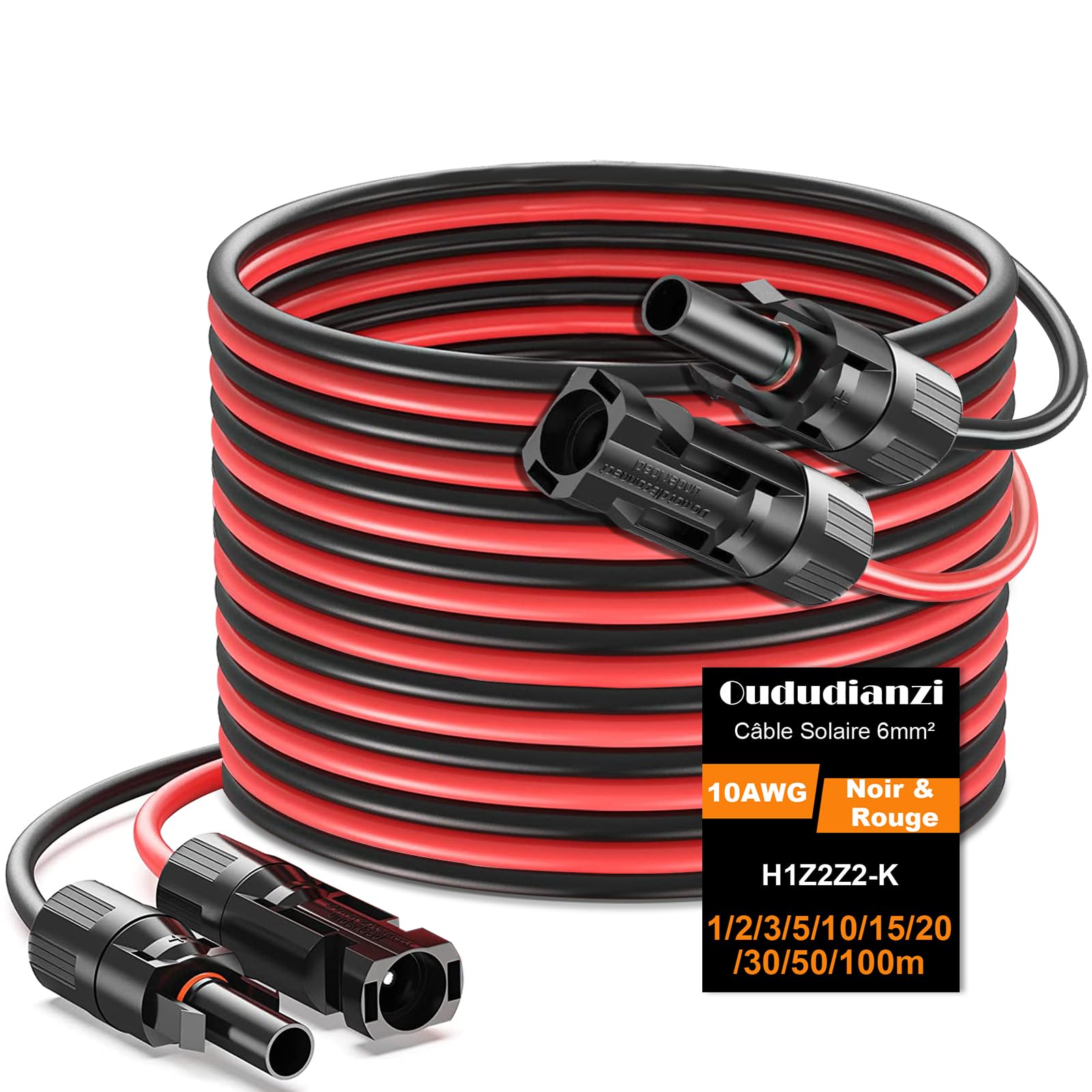 Oududianzi Cable Solaire 6mm2 5m, Rallonge Cable Panneau Solaire 1/2/3/5/8/10/15/20/30m, Étanche IP68 Câble Photovoltaïque avec Connecteurs Mâles et Femelles pour Panneaux Solaires (6mm² 5m)
