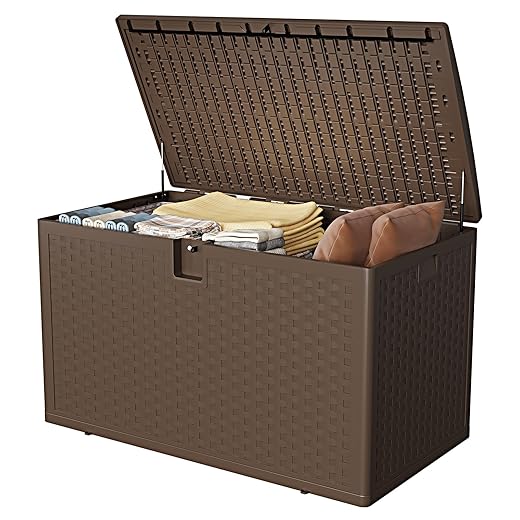 120 Gallon Large Deck Storage Box - Lockable Waterproof Resin Outdoor Chest - Weatherproof Rattan Style, Side Handles, Ideal for Patio Furniture, Garden Tools, Pool Accessories - Brown