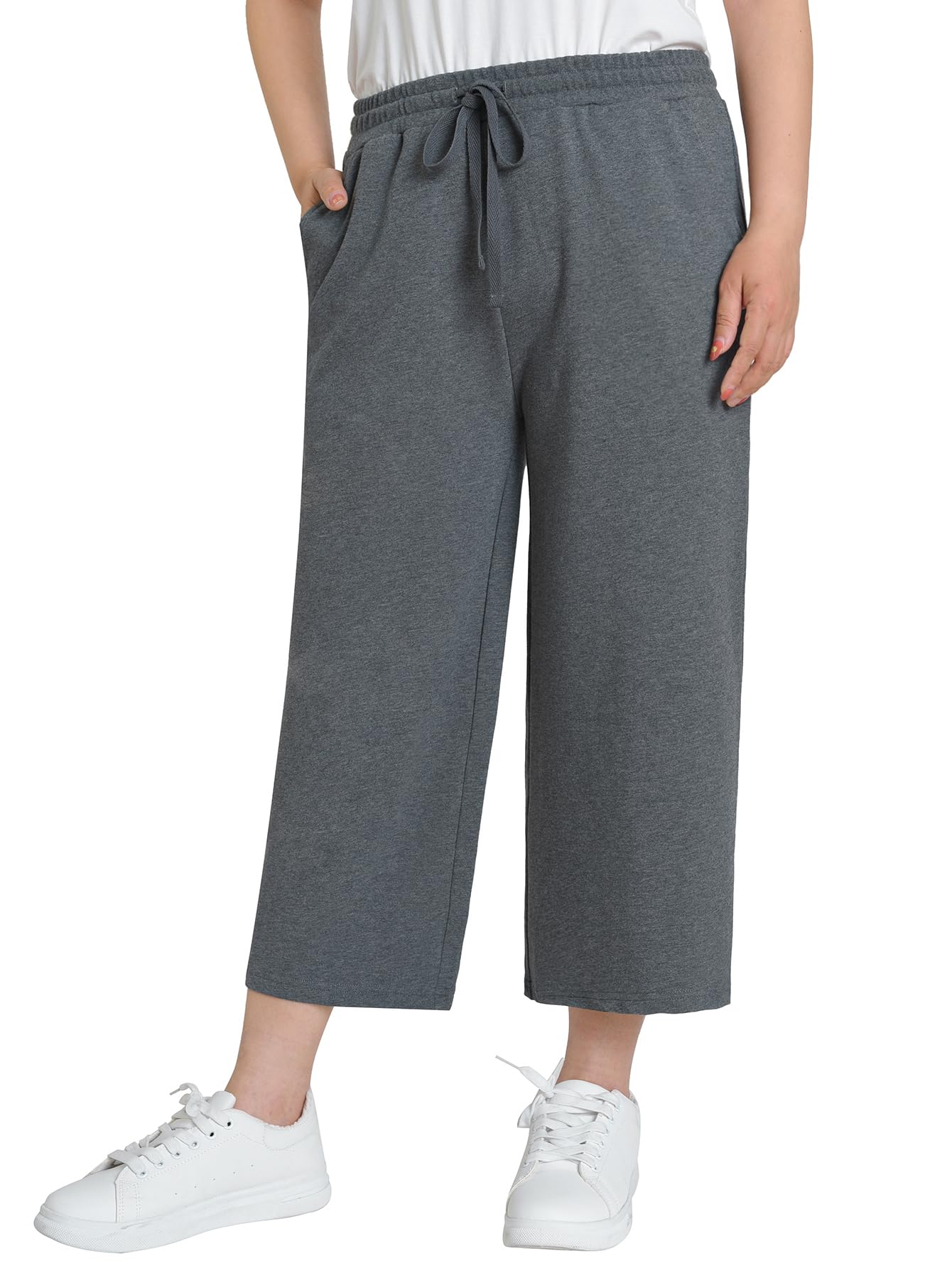 Weintee Women's Wide Leg Cotton Capri Pants with Pockets