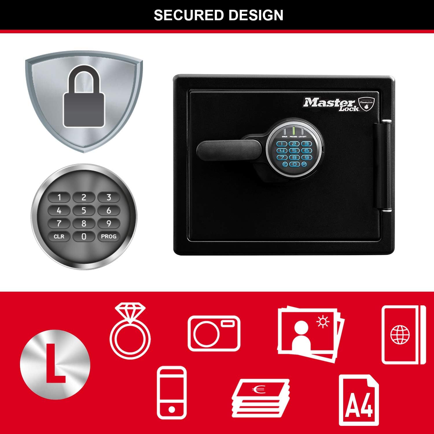 Close-up of the Master Lock safe's electronic keypad and handle.
