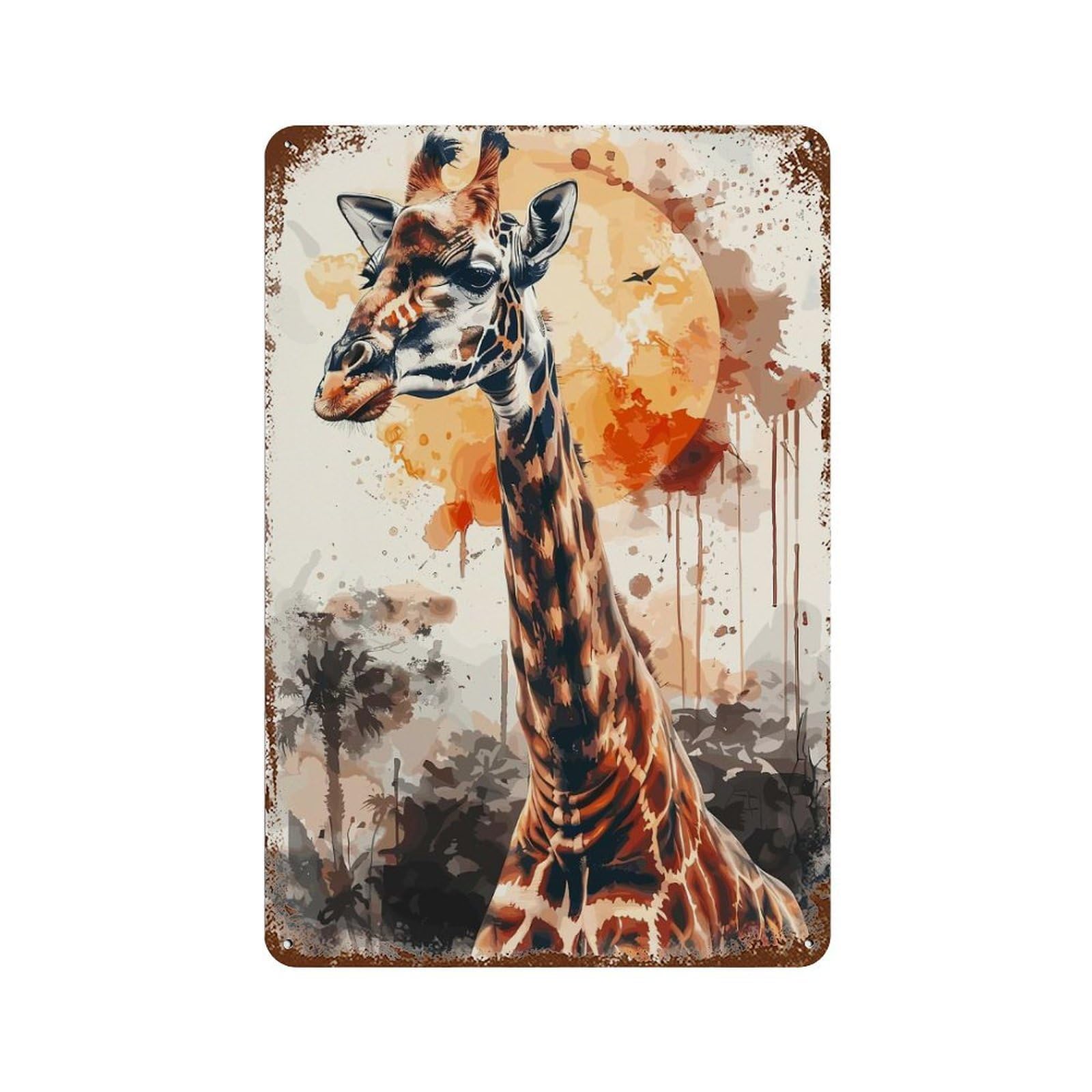 Rust Effect Giraffe Sun Watercolor Rustic Tin Plaque 11.8"x7.9", Industrial Home Decor for Bistro, Counter And Cafe Decor