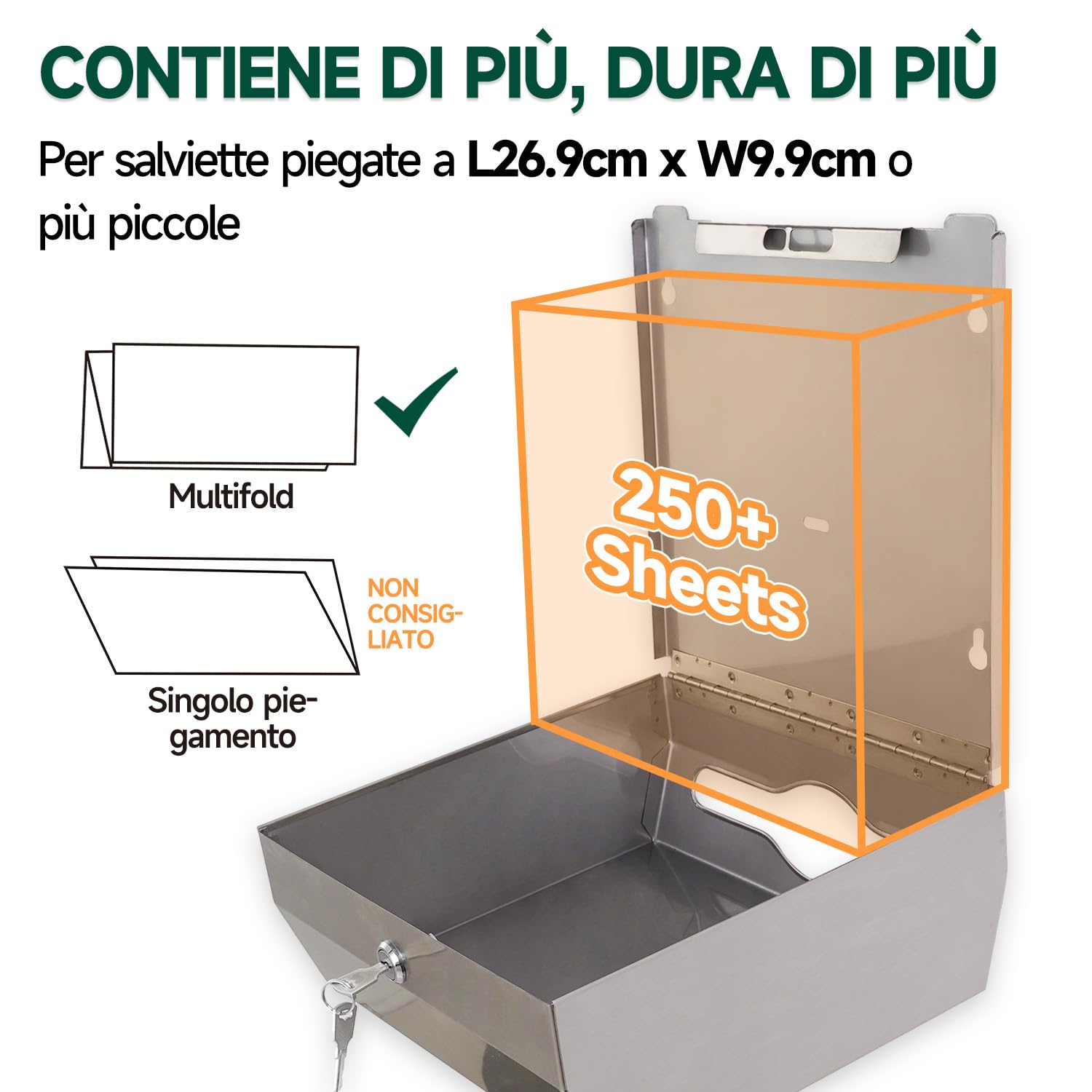 anydry Dispensatore di salviette di carta a montaggio murario – Capacità 250 fogli, acciaio inox satinato, bloccabile, multifold/Z-fold (dimensione piegata ≤ 27 cm x 10 cm)（Geschliffen）