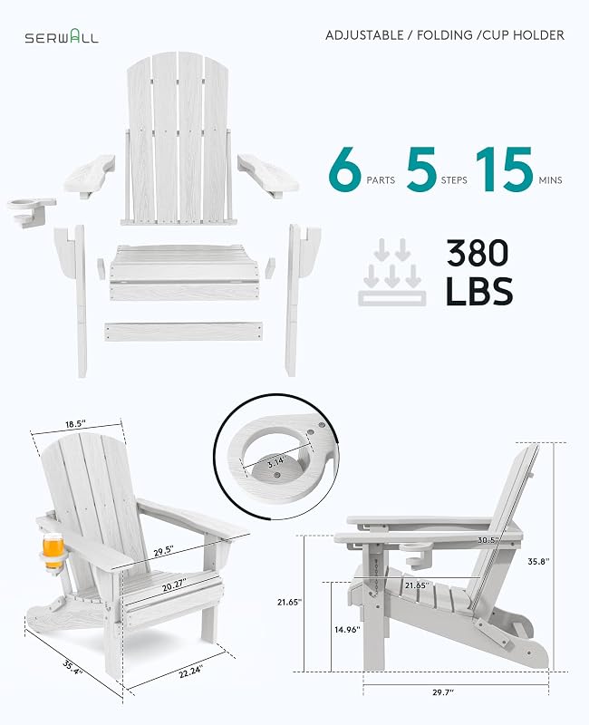 SERWALL Folding Adjustable Adirondack Chairs Set of 2, Cup Holders, White image 6