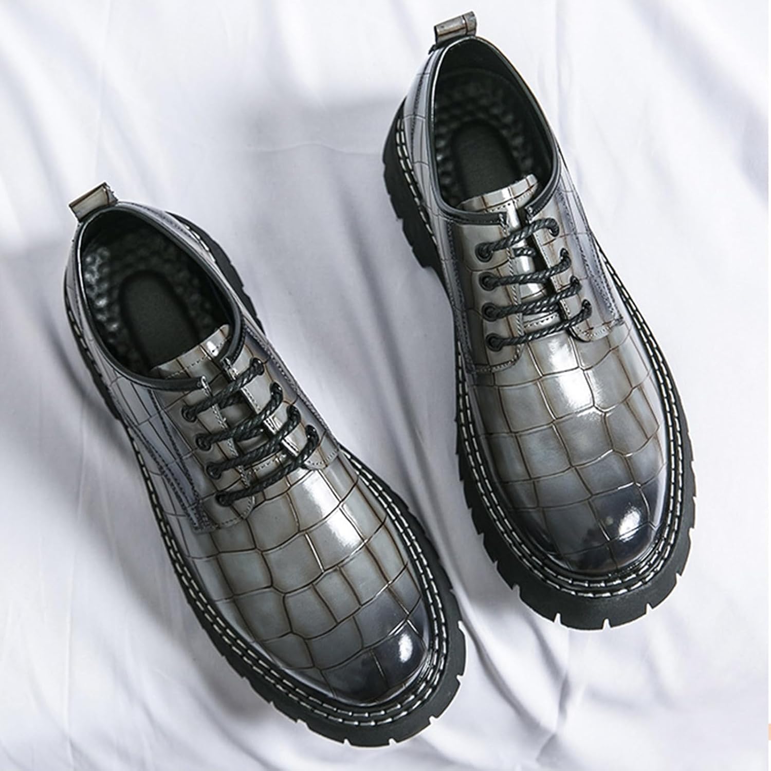 Men's Print Lace Up Platform Increase Oxfords,Fashion PU Leather Lug Sole Loafers Classic Round Toe Comfort Slip On Dress Shoes