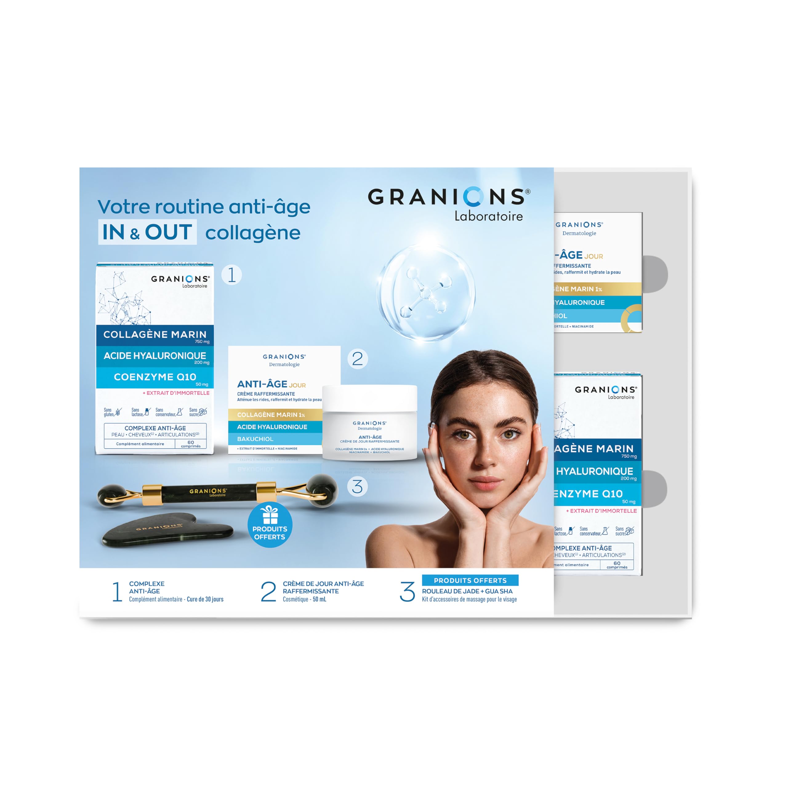 GRANIONS Coffret IN & OUT – Collagene Marin & Acide Hyaluronique – Complement alimentaire anti-age + Creme Jour Raffermissante + Rouleau de Jade & Gua Sha – Anti-Rides Visage – Routine complète IN&OUT