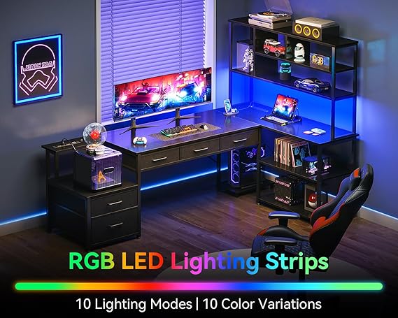 AODK 79 inch L Shaped Desk with 5 Drawers, Reversible L Shaped Gaming Desk with LED Light & 2 Power Outlets, Computer Desk with Storage Shelves for Home Office, Black