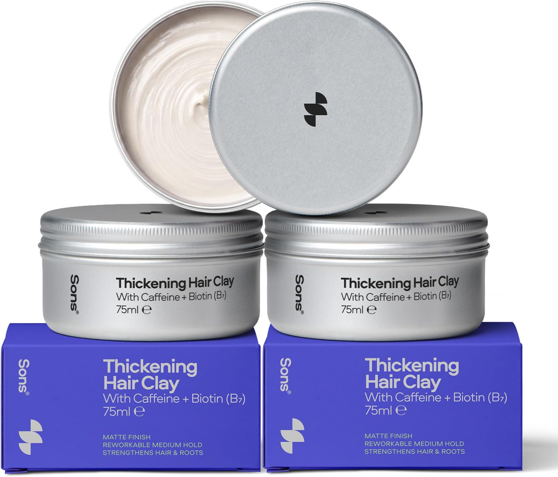 Sons Thickening Hair Clay with Caffeine & Biotin, Hair Growth for Men. | Adds Volume to Your Hair, Caffeine to Stimulate Hair Growth, Removes Impurities & Improves Hair Health, 3x75g, Made in Europe