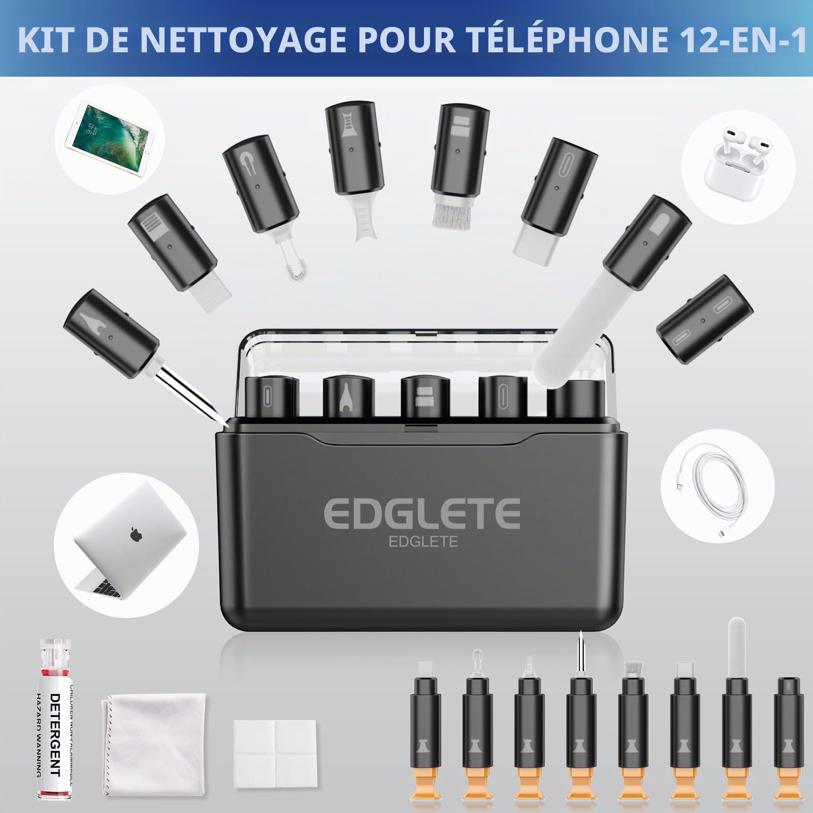 Edglete Kit de nettoyage pour iPhone, Kit de nettoyage pour AirPod, Nettoyage du port de charge iPhone, Outil portable de réparation et restauration de téléphone portable pour iPad, câbles de chargeur