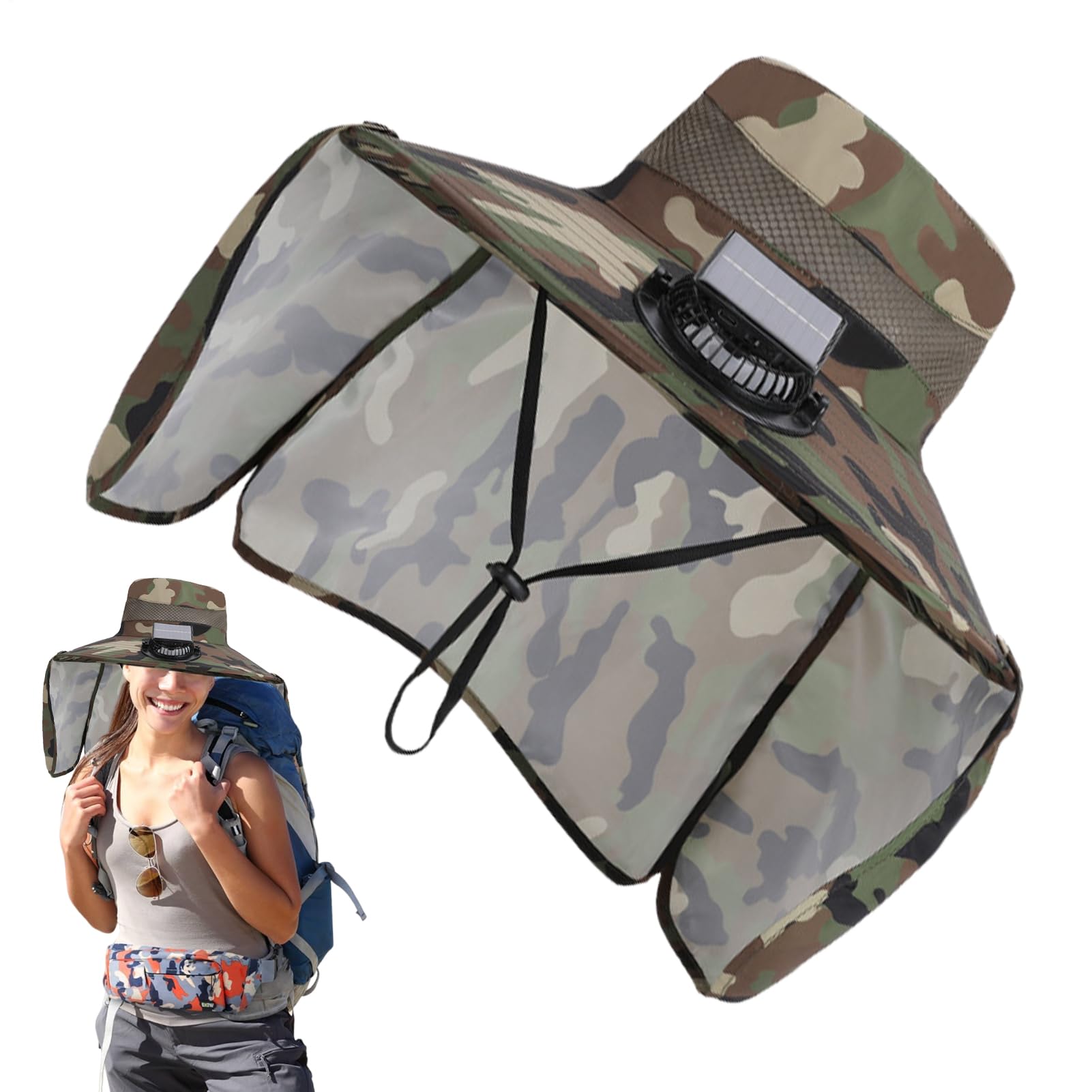 Cappello per ventilatore solare | cappello da pesca traspirante | protezione per la testa a tesa larga con ventilatore solare rimovibile e sottogola per viaggi, sport, attività all'aperto