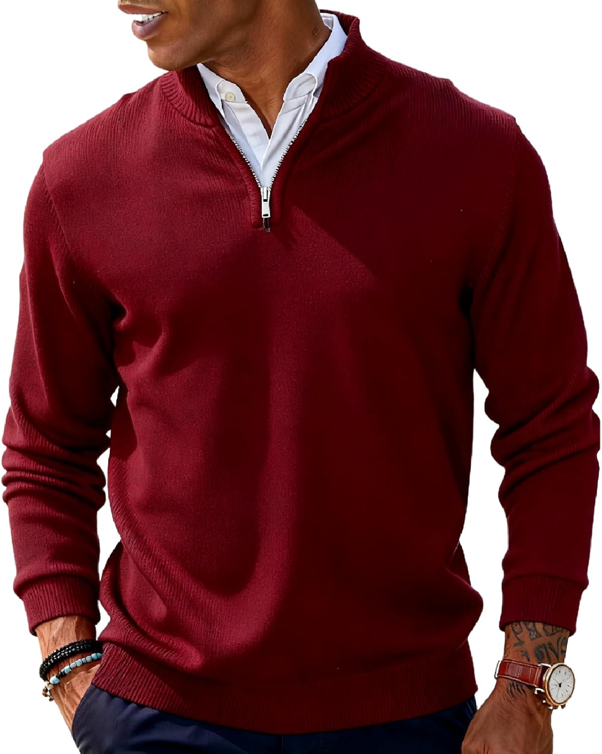 Men's Casual Pullover Sweaters Long Sleeve Knit Quarter Zip Mock Neck Slim Fit Lightweight Polo Sweater