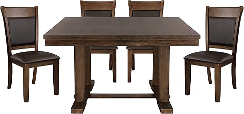 Muebles de comedor de transición con acabado marrón rústico claro 5 piezas mesa de comedor con hoja de extensión tapizada de piel sintética 4 sillas