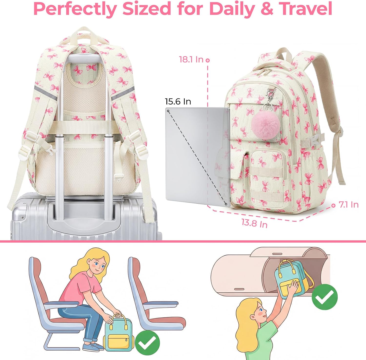 Corduroy Backpack for Teen Girls, Aesthetic Cute Pink Bow School Backpack with Multi-Pocket, Lightweight Bookbag Fits 15.6 Inch Laptop, Large Capacity Casual Daypack for School Travel