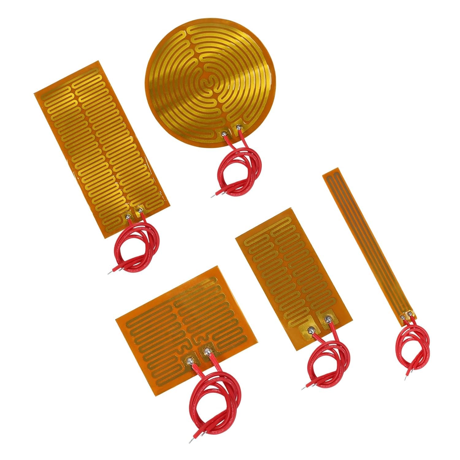 15PCS 5 Kinds Film Heater Plate Adhesive Pad,PI Heating Elements Film with Cord(12V 12W+12V 7W+5V 1W+24V 30W+12V 13W)