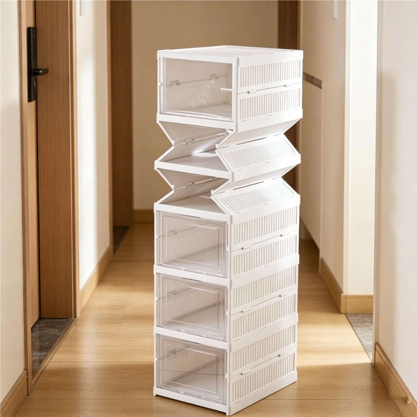 TYNGBT Fold-Top Stackable Shoe Cabinet, Portable Freestanding Shoe Rack with Clear Doors, Ready-to-Assemble Shoe Organizer with Lid for Closets & Entryways, 6 Tiers