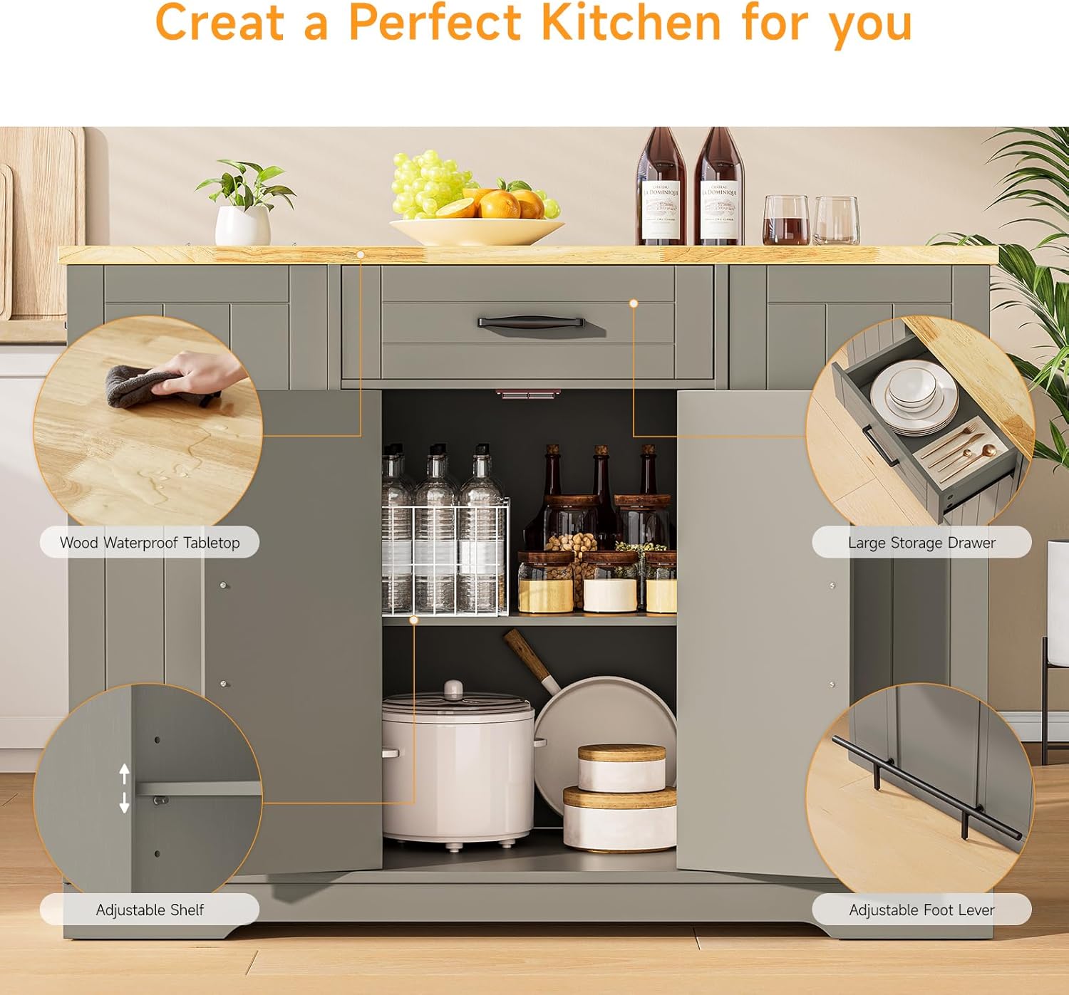 ONBRILL Stationary Kitchen Islands Include 2 Chairs, 47" Kitchen Island with Drop Leaf, Home Bar Table with Spice Rack & with Trash Cabinet, Island Table for Dining Room with Power Outlet, Grey