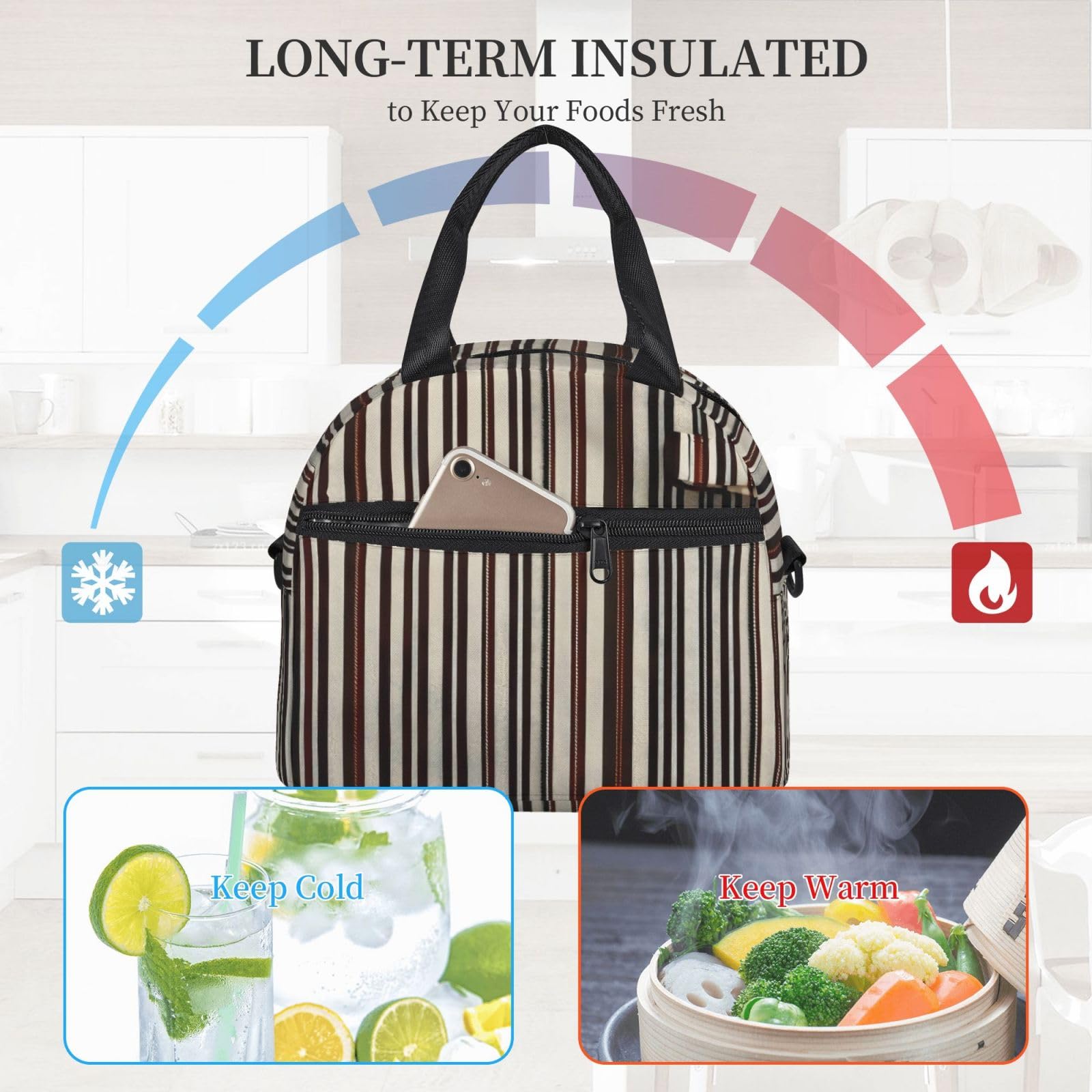 Sac à déjeuner isotherme réutilisable à rayures marron pour adultes - Pour le travail, les voyages - Pour homme et femme