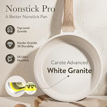 CAROTE Non Stick Frying Pan Skillet Set, Omelet Pan, Healthy Non Toxic Granite Chef Pan, Induction Compatible Egg Frying Pan with Heat-Resistant Handle, PFOA-Free,Cream White,8+10+12