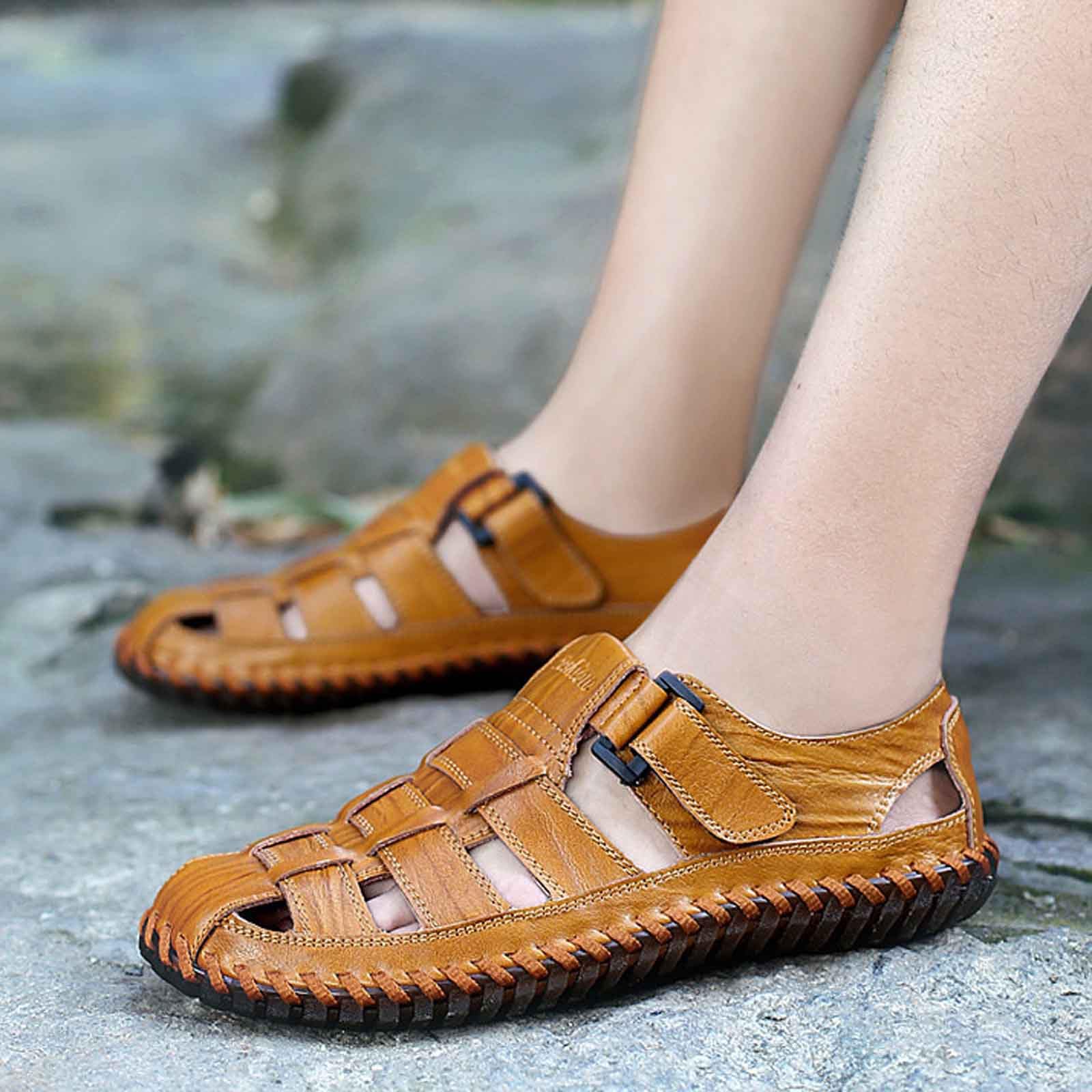 Sandalias Playa Hombre Suela de Goma Cuero con Bandas Ajustables Senderismo Casual Chanclas Piscina Transpirable Zapas Calzado Sandalia Punta Reforzada Secado Rapido para